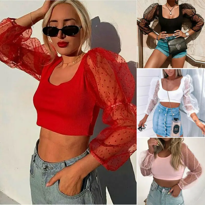 

2020 Polka Dot Mesh Tops See Through Shirts Mesh Puff Sleeve Blouse Elegant Party Square Neck Clubwear Blouses Female Blusas