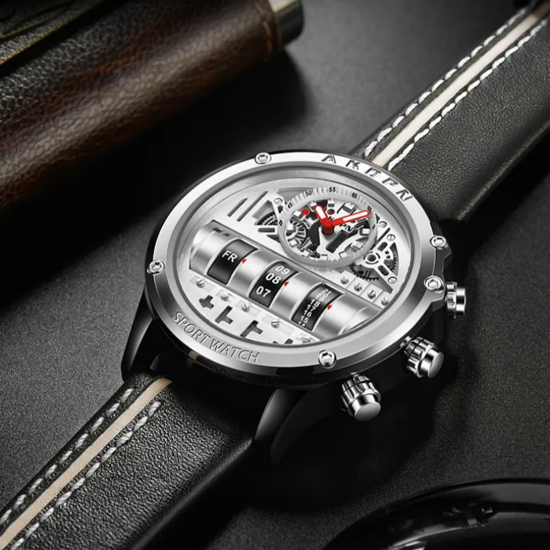 Unique Men Wrist Watches Leather Black Silver Creative Watches For Male Military Sports Clock Unique Design relogio masculino