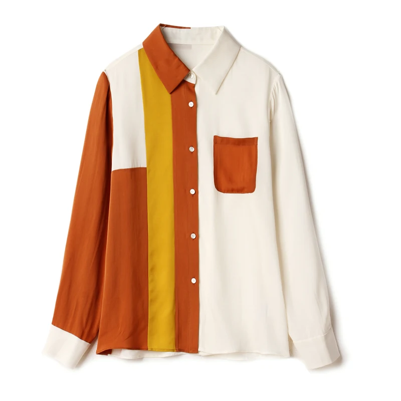 

93% Silk 7% Spandex Women's Shirt Turn Down Collar Long Sleeves Color Block Fashion Casual High Street Blouse