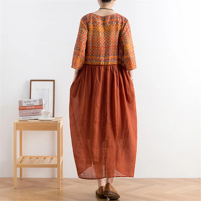 Женские винтажные платья из ткани рами Johnature разноцветные в стиле пэчворк с