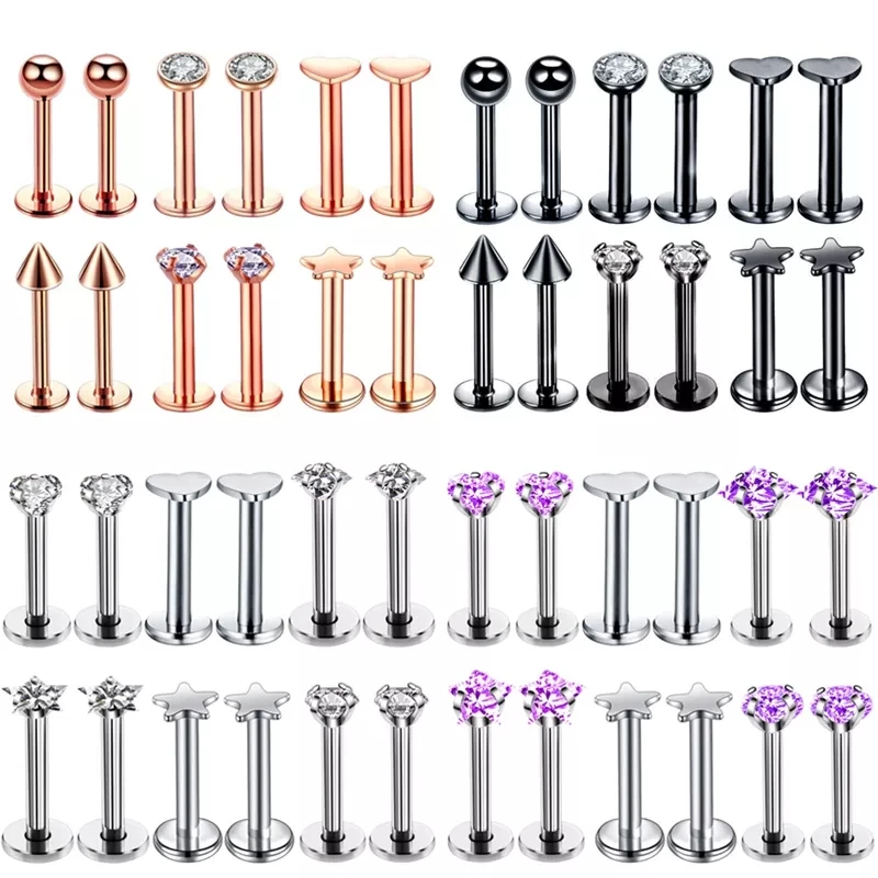 

12Pc Surgical Steel Crystal Tragus Piercing Set 16G CZ Lip Ring Sud Lot Labret Piercing Bulk Cartilage Piercing Earring Stud Set