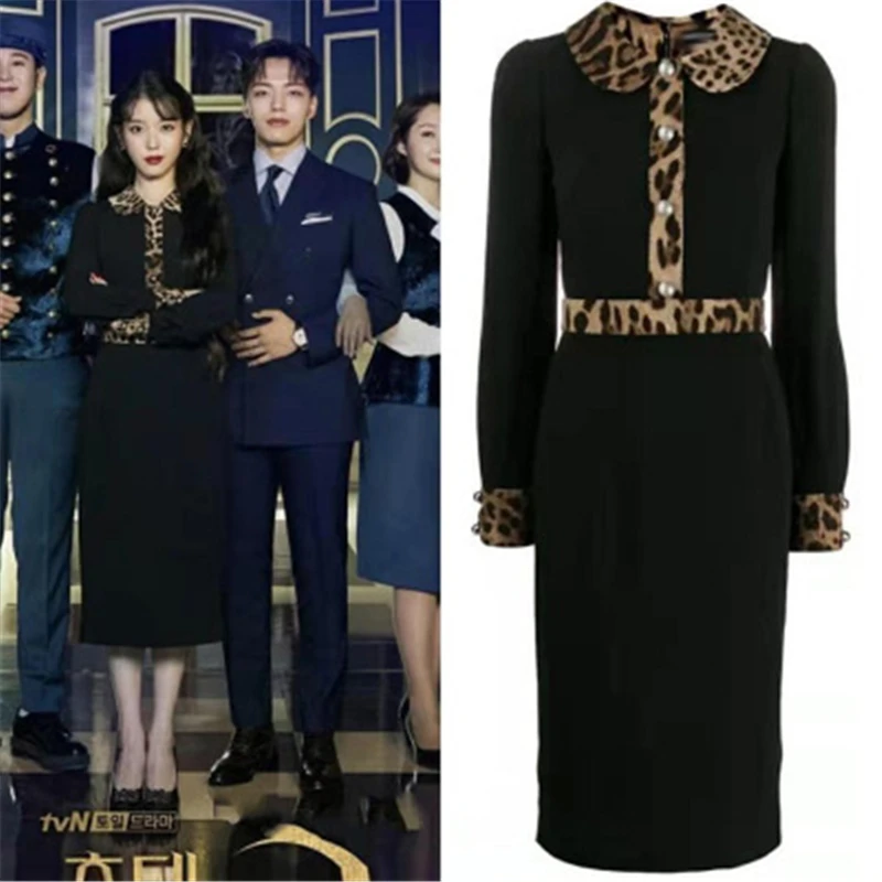 Женское платье с леопардовым воротником черное для женщин DEL LUNA Hotel same IU Lee Ji Eun