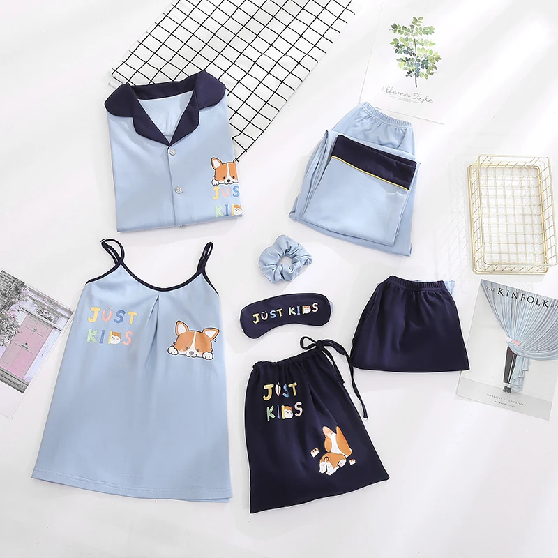 

7pcs Pyjamas Women Cotton Plus Size Spring Cartoon Sleepwear Women Pajama Sets Soft Patchwork Homewear Pants Korean