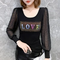 women t shirt long sleeve 2021 new arrival spring and autumn sexy chiffon letter female t shirt korean style black red c69