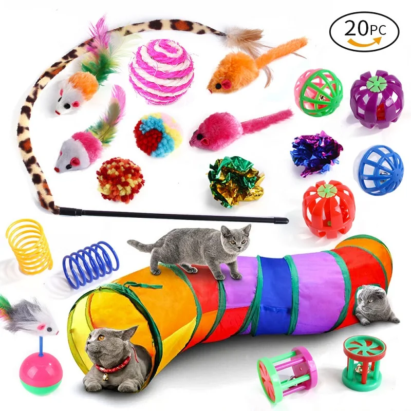 

20 игрушки для котов котенок игрушки ассортимент, 1 туннель для кошек кошка пижамы для малыша Дразнилка перо, Интерактивная палочка игрушка с...