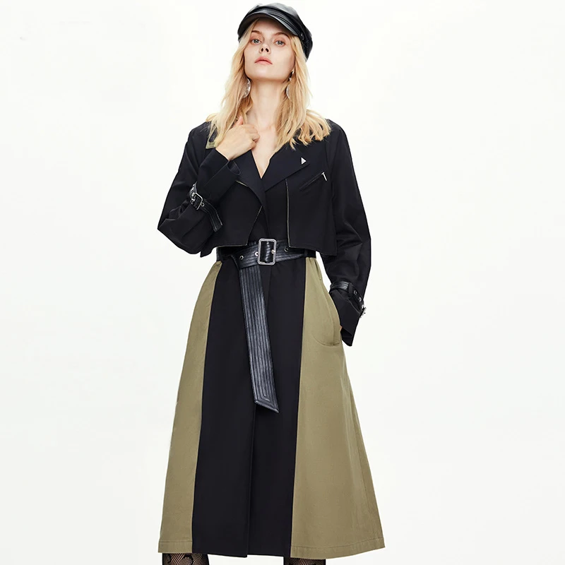 

2020 Fashion Coat Slim Waist Design Color Patchwork Women Long Trench Femme Casaco Abrigo Streetwear