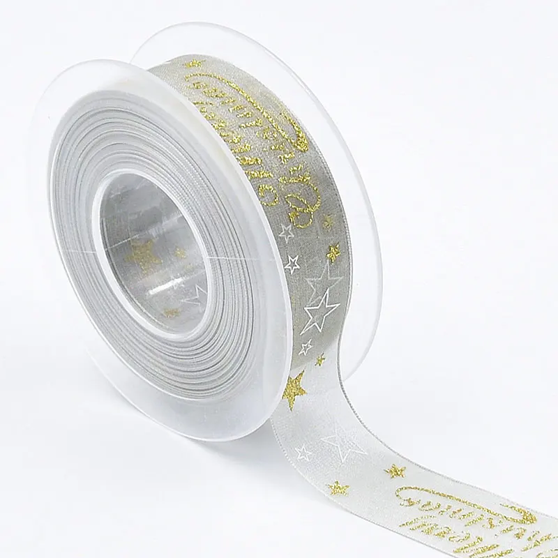 

20M/roll Merry Christmas Bling Star Printed Ribbon Bronzing Soft Organza Trim Ribbon For DIY New Year Party Decoration Wedding H