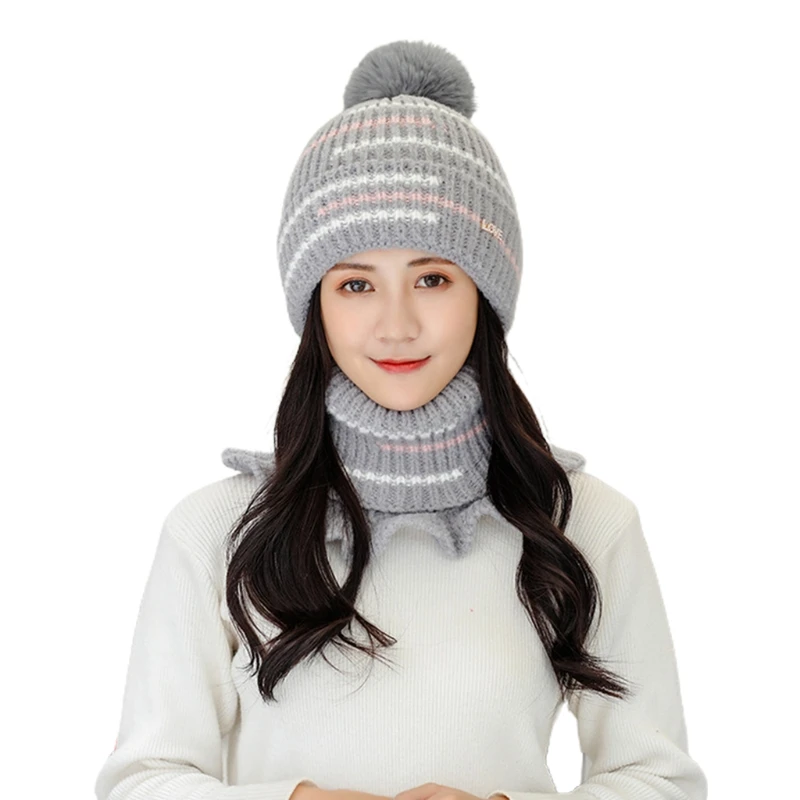 

Women Winter Knit 2Pcs Beanie Hat Ruffled Turtleneck Collar Scarf Set Colorful Striped Plush Lined Pompom Skullies Cap