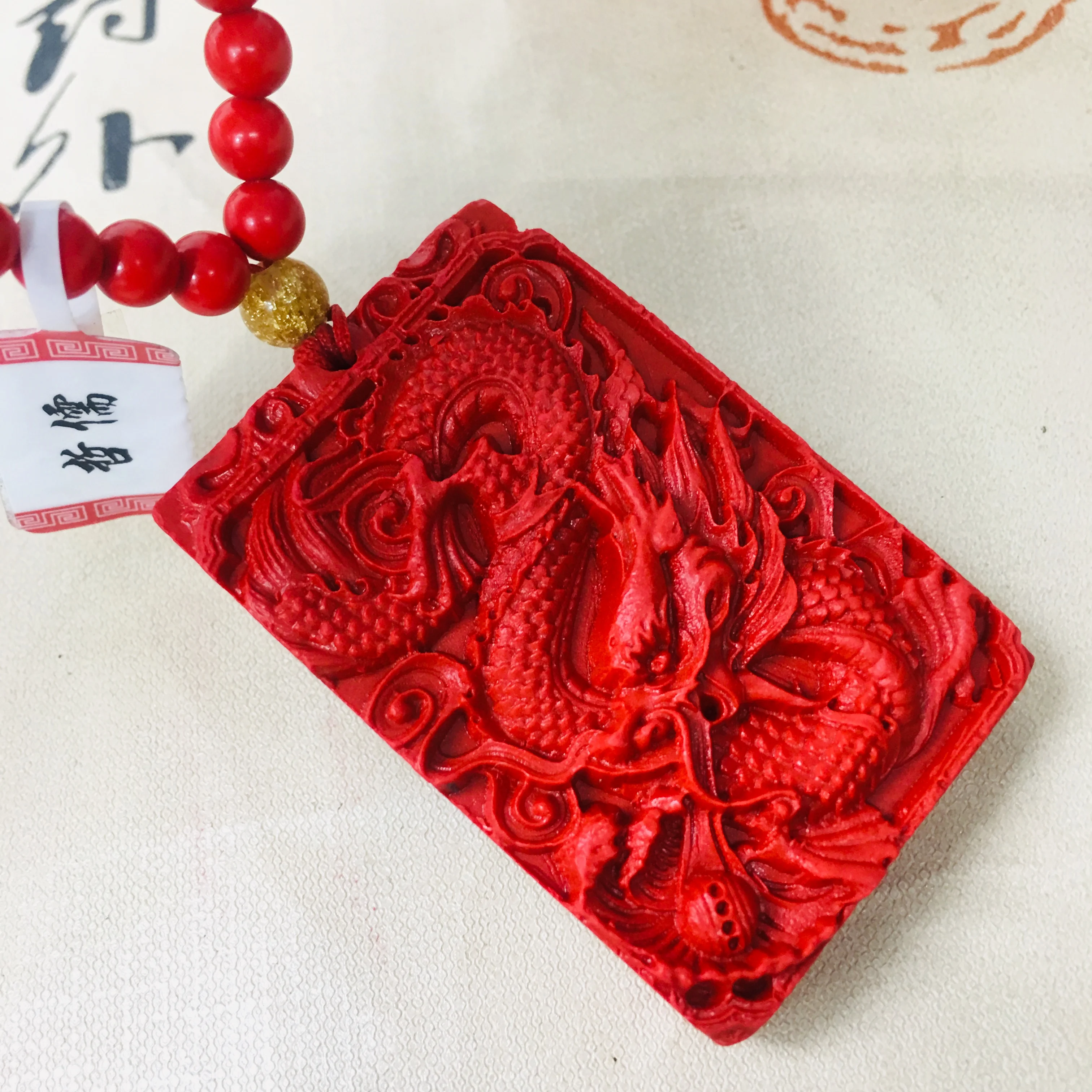 Zheru натуральная киноварь резной Красный Большой дракон кулон с трехцветными