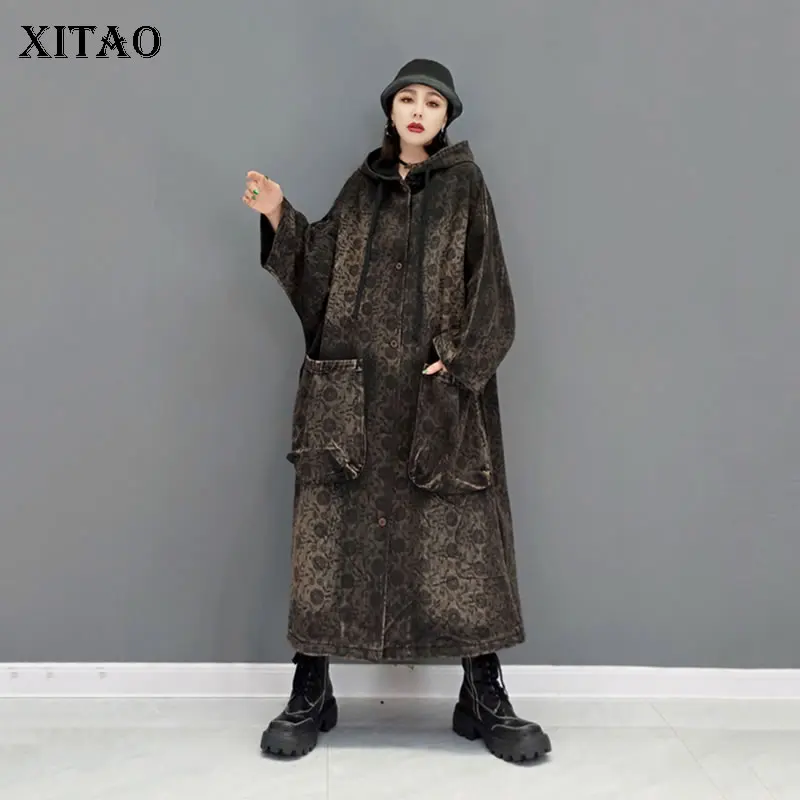 

XITAO Vintage Print Denim Trench Coat Fashion Loose Large Size Hooded Collar Women 2021 Autumn Winter New Dig Pocket GWJ1053