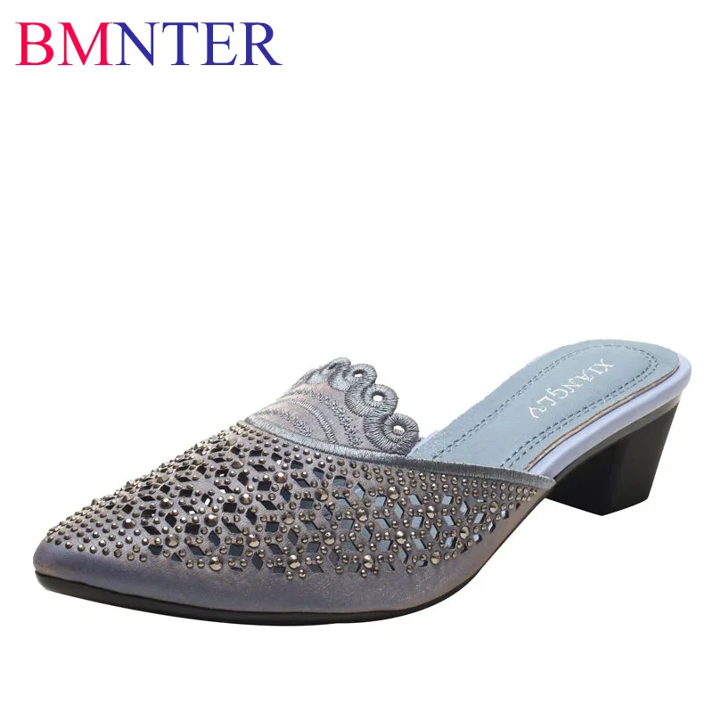 

BMNTER Baotou half slippers women's outer wear summer new style thick with rhinestone pointed toe fashion ladies high-heeled