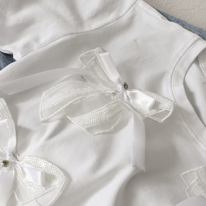 

KUSAHIKI Korean Sweet Bowknot Graphic Tees Women Short Sleeve O-neck T Shirt Causal Solid 2021 Summer New Tshirts 6G850