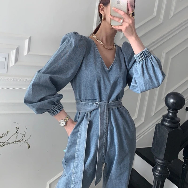 

Autumn Vintage Denim Jumpsuits Women Korean V Neck Puff Sleeve Casual Rompers Women Elegant One Piece Playsuits Female LD2022