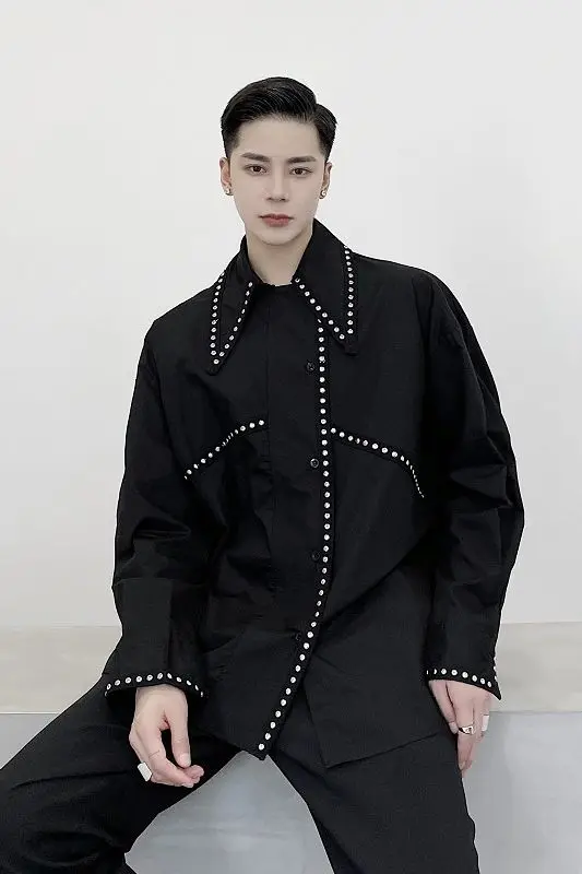 

2020 Spring And Autumn New Youth Popular Personality Rivet Heavy Craft Hit Yarn-dyed Wide-band Loose Long-sleeved Casual Shirt