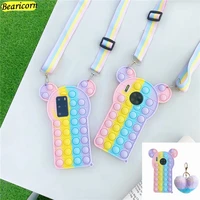 pop fidget toys push bubble silicone beans case for iphone 6 6s 7 8 plus x xr xs 11 12 pro max se cartoon bear cover with strap