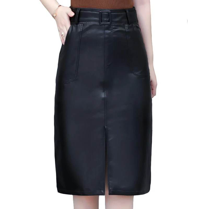 Сексуальная юбка карандаш Женская осенне зимняя элегантная кожаная с высокой