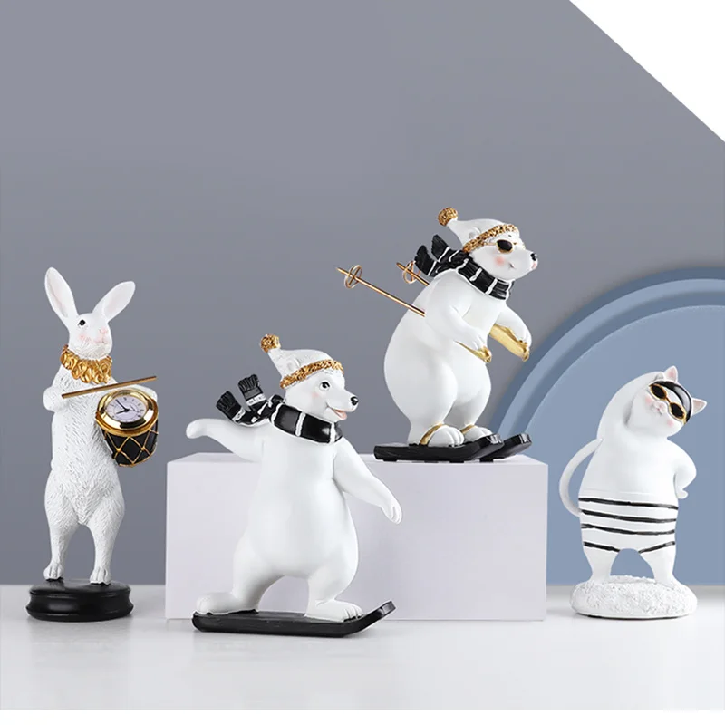 

European Resin Bear Skiing Crafts Family Gifts Decorations Simple Tables In Children's Rooms White Statues Miniature Garden New