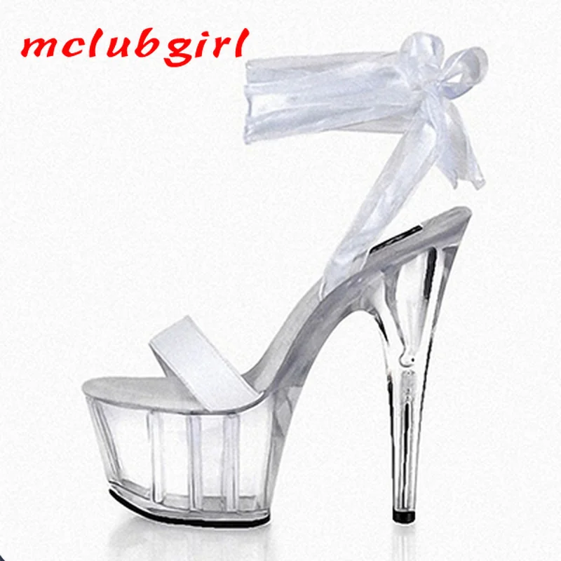 

Mclubgirl 15cm Heels Pure Color Fish Mouth Night Club Fun Shoes Super High Heels Sandals Gauze Transparent Women's Shoes LYP