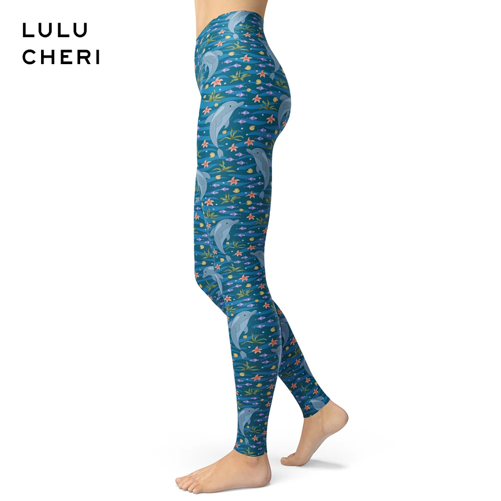 Женские леггинсы с принтом Морская жизнь синие пикантные мягкие облегающие