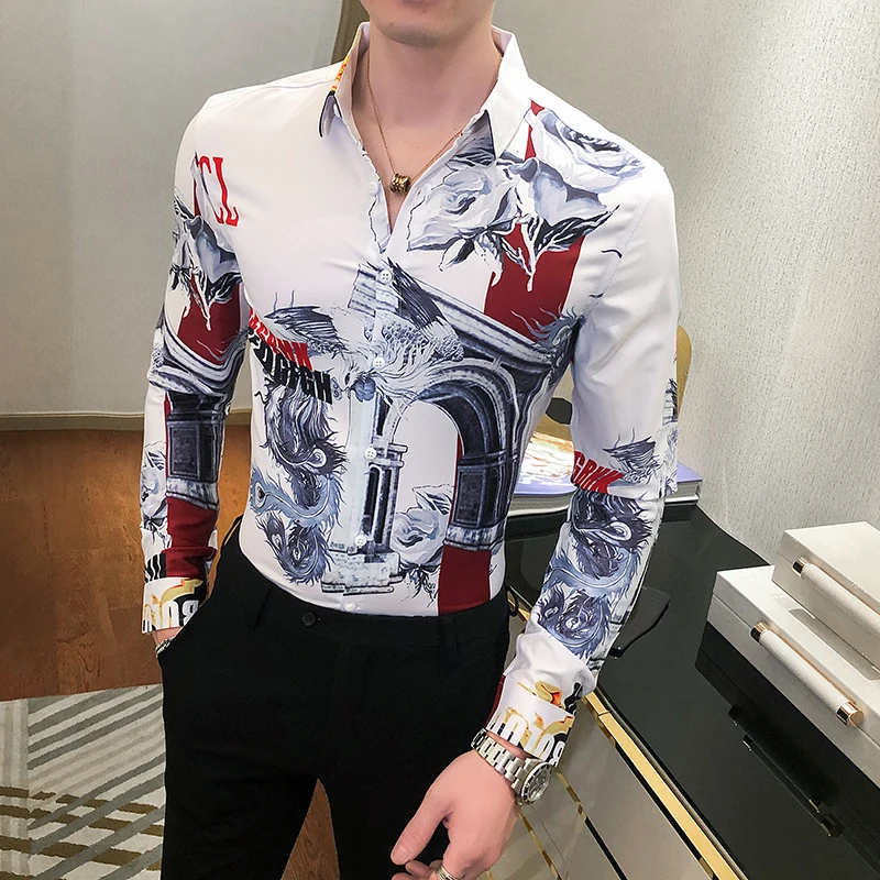 Мужская приталенная рубашка под смокинг синяя Роскошная с принтом в Корейском