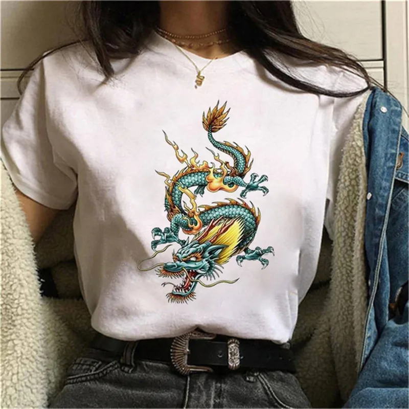 

Women Casual Plus Size Tshirt Femme Streetwear Summer Tops Tee Shirt Maycaur Fashion Chinese Character Dragon Print T Shirt