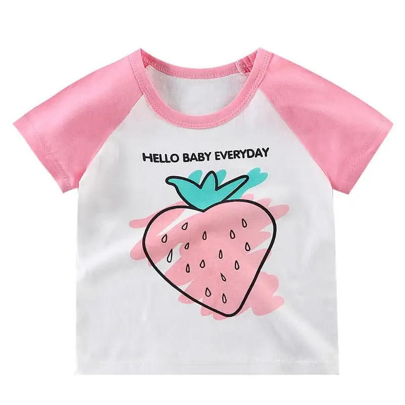 

Summer Girls Strawberry Printing Tops Casual Kids O Neck Short Sleeve Patchwork T Shirts