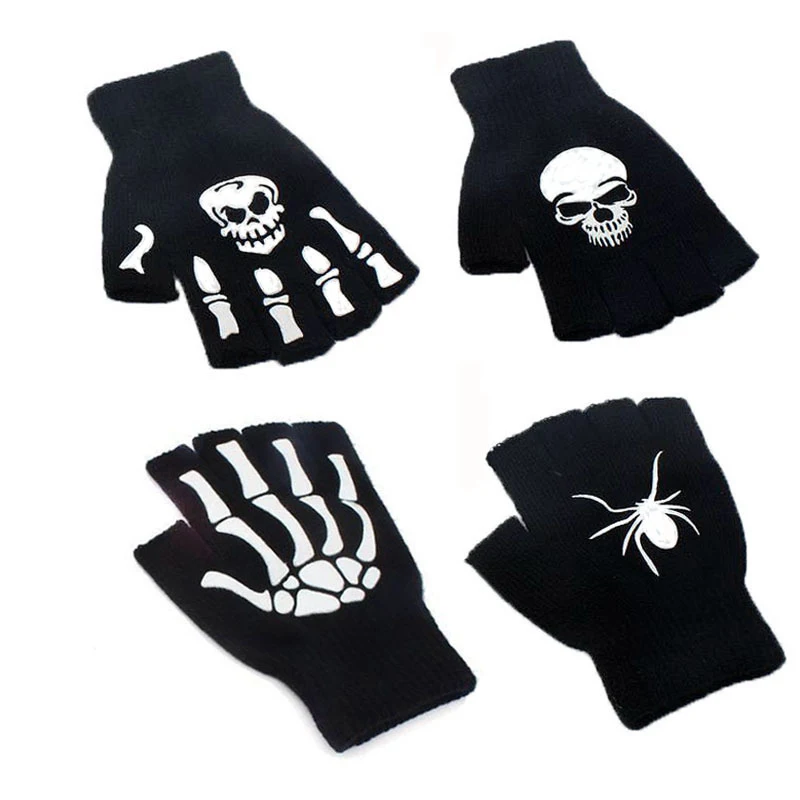 Guantes de ciclismo para deportes al aire libre, medio esqueleto, protecci&oacute;n suave, Punk, Unisex, Calavera, dedo que brilla en la oscuridad, mitones de punto de invierno-5