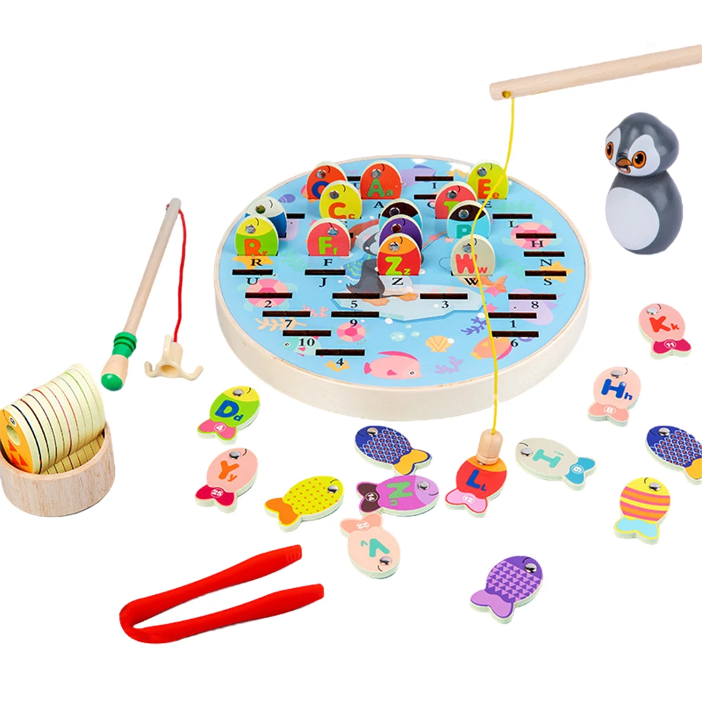 

Montessori Wooden Fishing Game Toy Catching Fish Game Playset Kids Early Educational Toys
