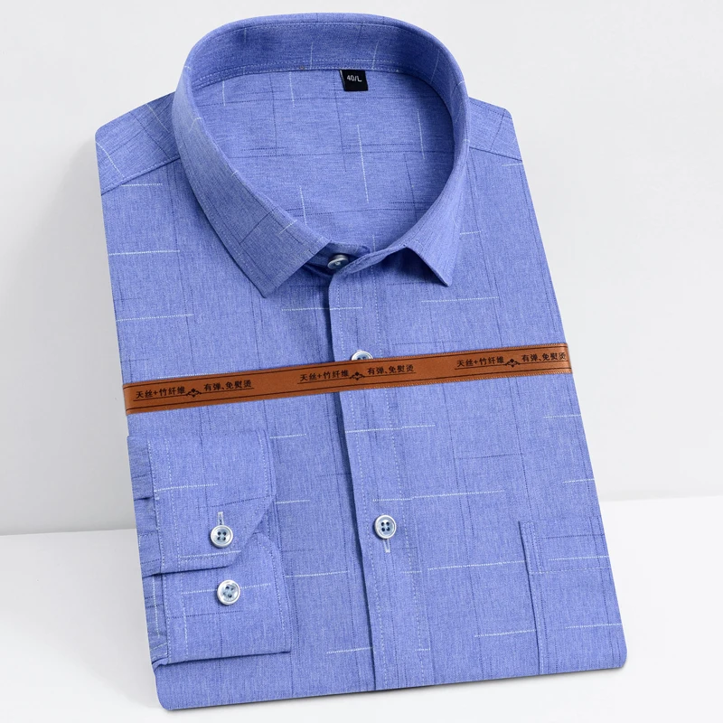

Men's Casual Plaid Checkered Print Stretch Shirt Single Patch Pocket Comfortable Bamboo-fiber Standard-fit Long Sleeve Shirts