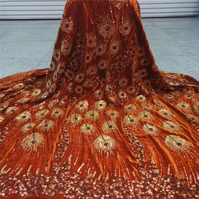 

African French velvet Lace Fabric 2020 orange High Quality velvet Lace Nigerian Sequence Net Lace Material For Women Dress