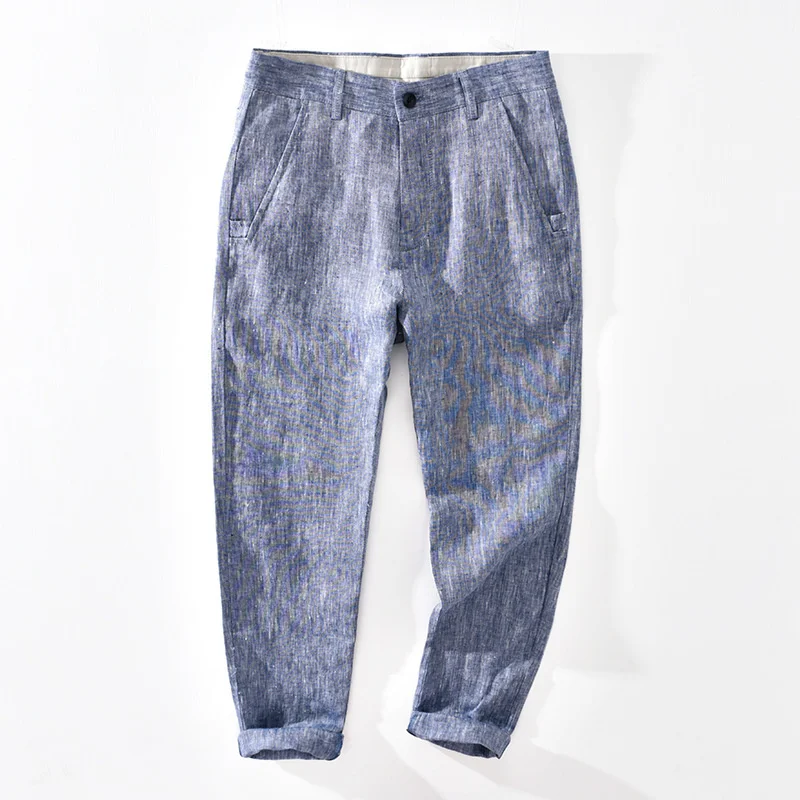 

1308 Summer Linen Trouser Men Thin Small Feet Fashion Trendy Simple Casual Sport Handsome Breathable Zipper Fly Nine-Point Pants