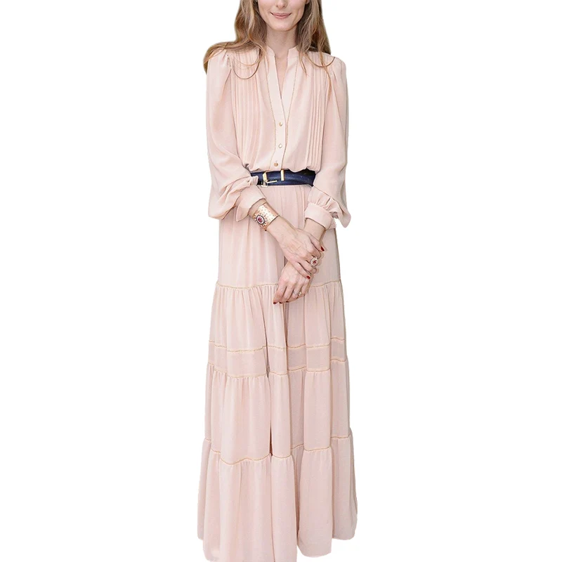 

European Fashion Chiffon Ruffled Dress Women 2021 Spring/Summer New Lantern Sleeve Slimming Elegant Party Dress Maxi Vestidos