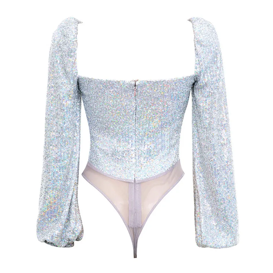 Блестящий Женский комплект из двух предметов боди фольги с блестками и длинным