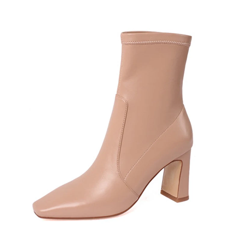 

FOREADA Square Toe Ankle Boots High Heel Woman Boots Chunky Heel Shoes Short Boots Female Footwear Autumn Beige Black Size 33-40