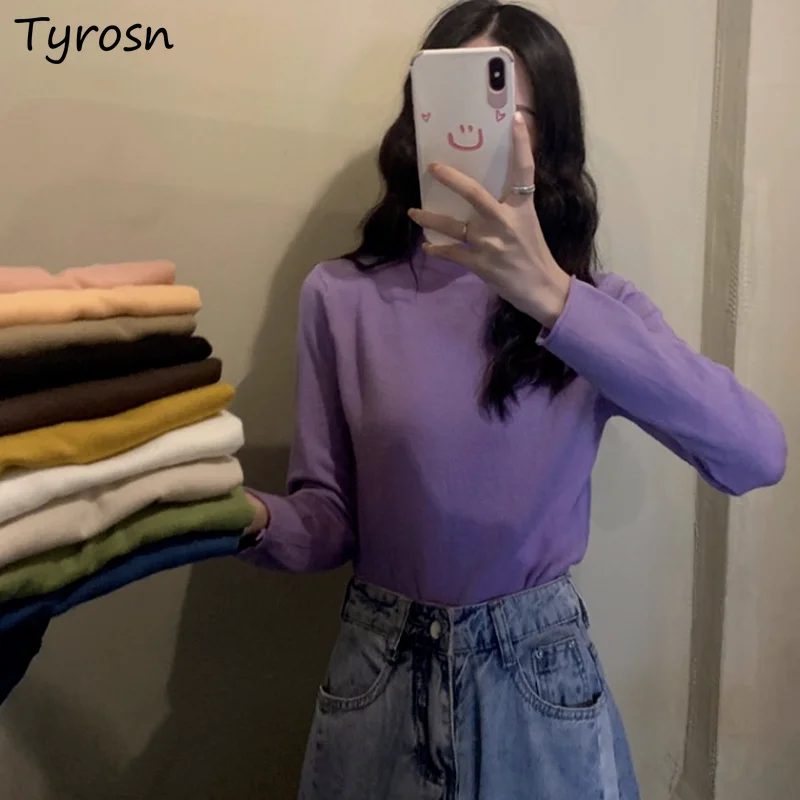 

Women Solid Mock Neck Sweaters Sweet Elegant Slim All-match Basic Femme Candy Colors Knitwear Cozy Casual Daily Tender Tricot