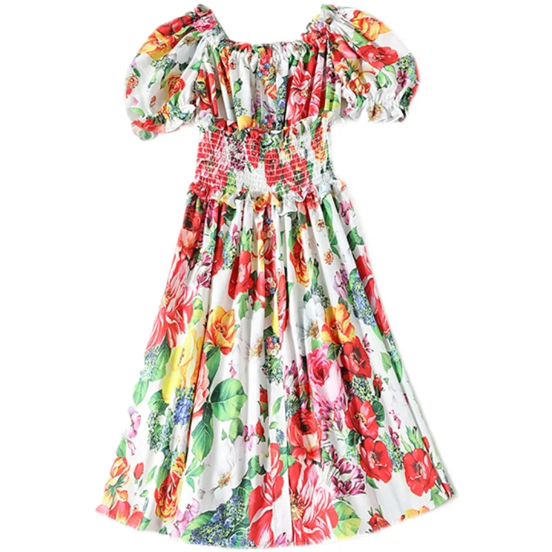 

2021 New Fashion Runway Summer Mini Dress Women Sexy Slash Neck Elastic Waist Multicolor Roses Floral Print Elegant Short Dress