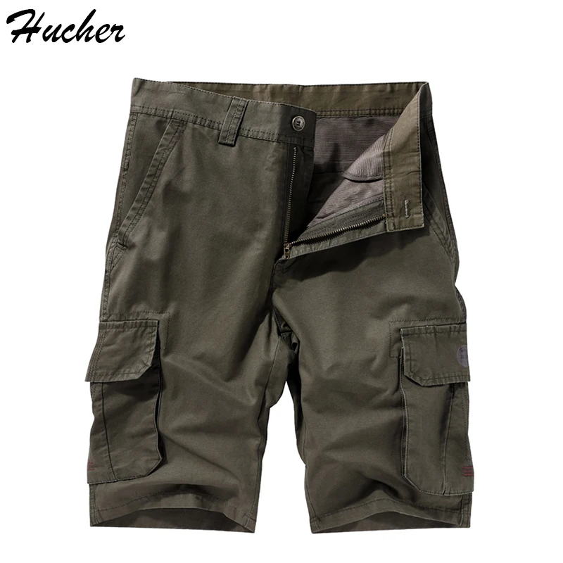 

Мужские шорты-карго Huncher, летние темно-зеленые хлопковые штаны до колен, однотонные шорты в стиле милитари с боковыми карманами для мужчин, ...