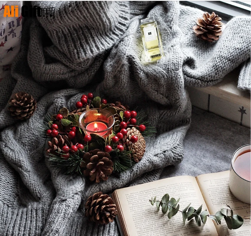 Красивый Рождественский подсвечник с иглами венок украшение для окна