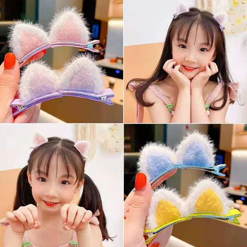 

2Pcs/Set Cute Hair Clips For Girls Glitter Rainbow Felt Fabric Hairpins Cat Ears Barrettes Kids Hair Accessories Hairgrips