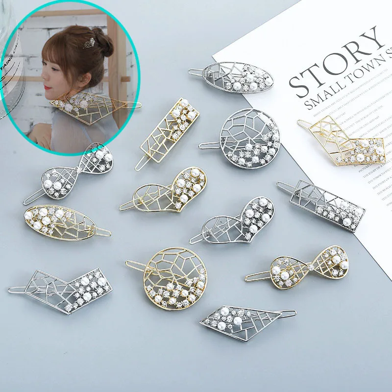 Блестящие заколки для волос полые Стразы жемчужные женщин милые геометрические