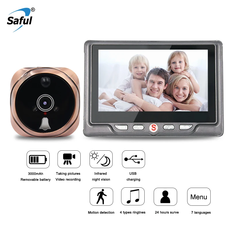 Saful Digital Peephole Video Camera Door Bell Video-eye with TF Card Taking Photo Door Peephole Viewer Monitor for Home