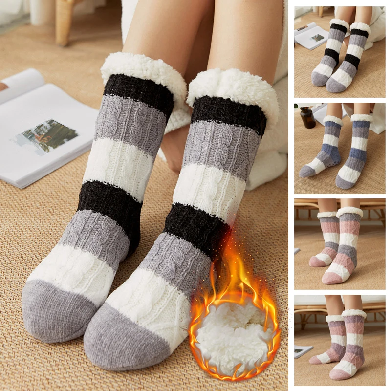 

Women Winter Warm Thick Fleece Lined Indoor Floor Socks Anti-Slip Slippers Knitted Hosiery Leg Warmer Christmas Gift