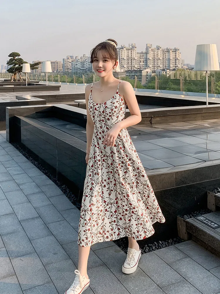 

2021 Korean Dresses For Women Floral Print Dress Elegant Sling Sweet Female Bohemia Holiday Midi Retro Lady Dresses