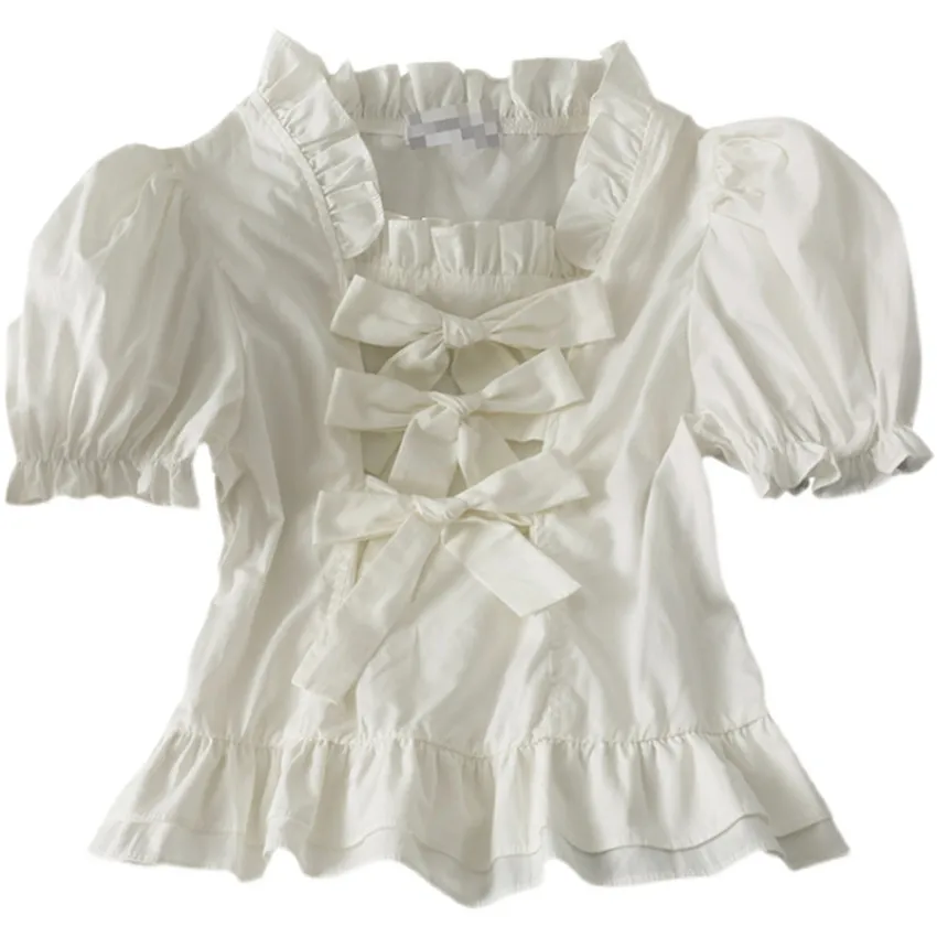 

High Street Designer Tops Puff Sleeve White Shirt Women Ruffle Bow Back lace Up Sweet Cute Shirt Girls Fashion Blusa Feminina