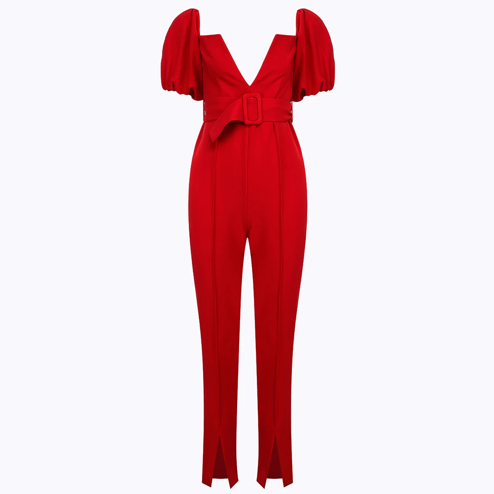 

Seamyla 2020 New Autumn Red Off Shoulder Sexy Women Jumpsuit V Neck Solid Short Sleeve Belt Casual Bodysuit Lady Long Jumpsuits