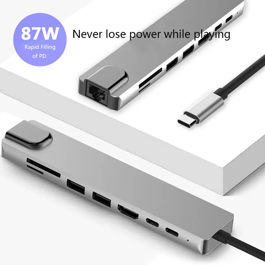 USB-C de aleación de aluminio HD 8 en 1, adaptador USB 3,0, carga PD SD y TF, lector de tarjetas RJ45, Accesorios portátiles