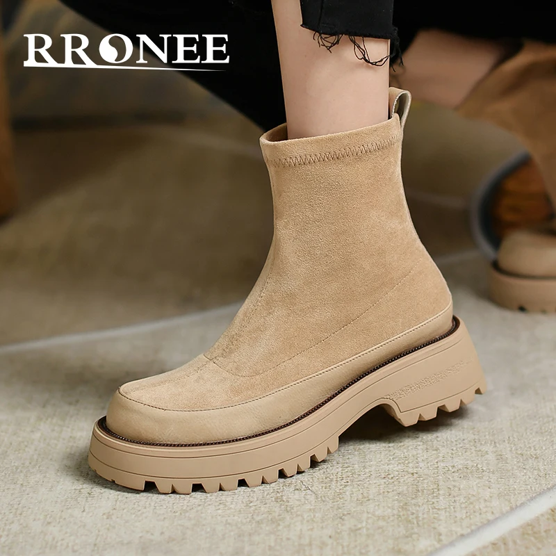 

Модные эластичные ботильоны с Круглым Верхом на толстой подошве, повседневные ботинки