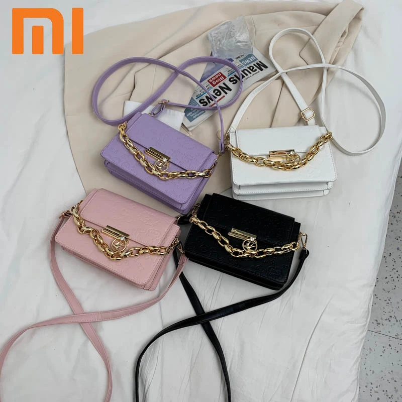 

Solid Color Thick Chain Small PU Leather Crossbody Bags For Women 2021 Summer Shoulder Messenger Bag Ladies Embossing Handbags