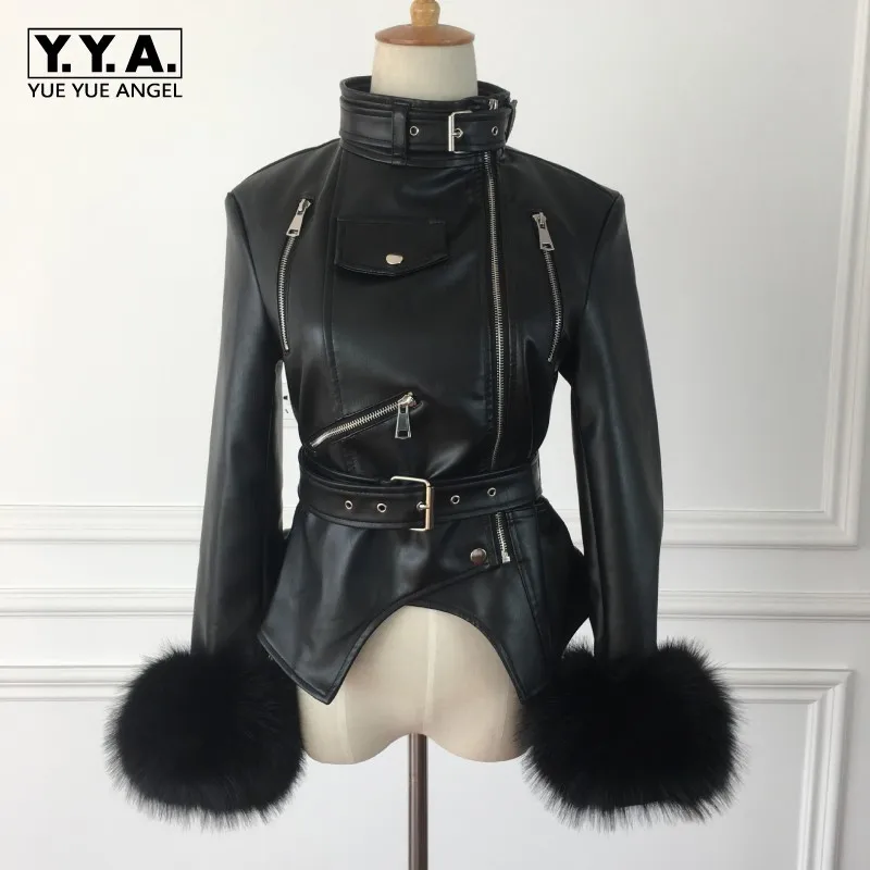 Зимние плотные Флисовые женские Куртки из искусственной кожи асимметричные