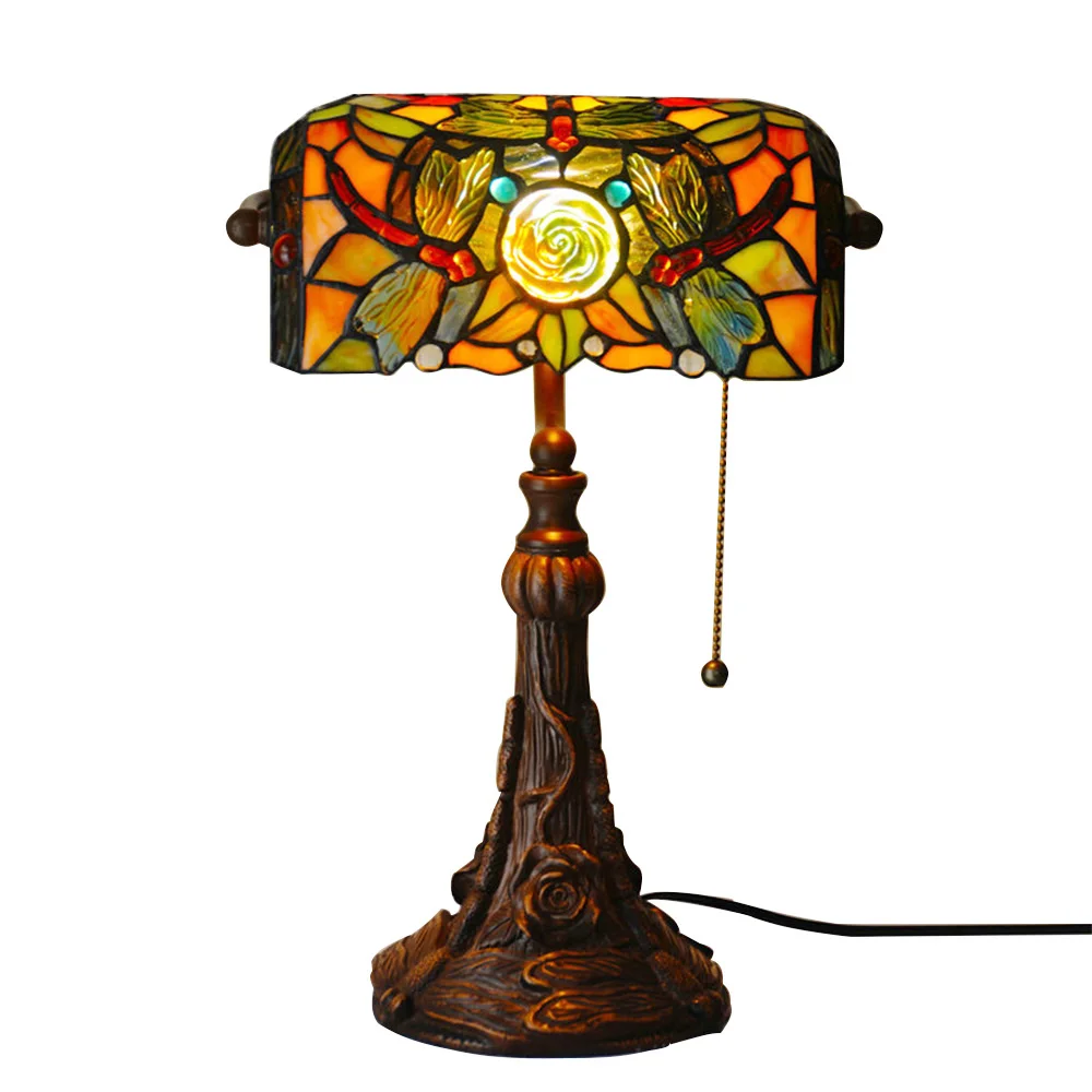 

Винтажная настольная лампа с цветным стеклом, E27, для спальни и кабинета, в стиле Тиффани, роза, стрекоза, банкир, Настольный светильник